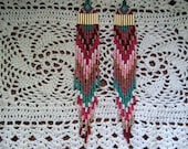 SALE bead fringe earrings chevron native tribal feather style multi color rainbow red pink