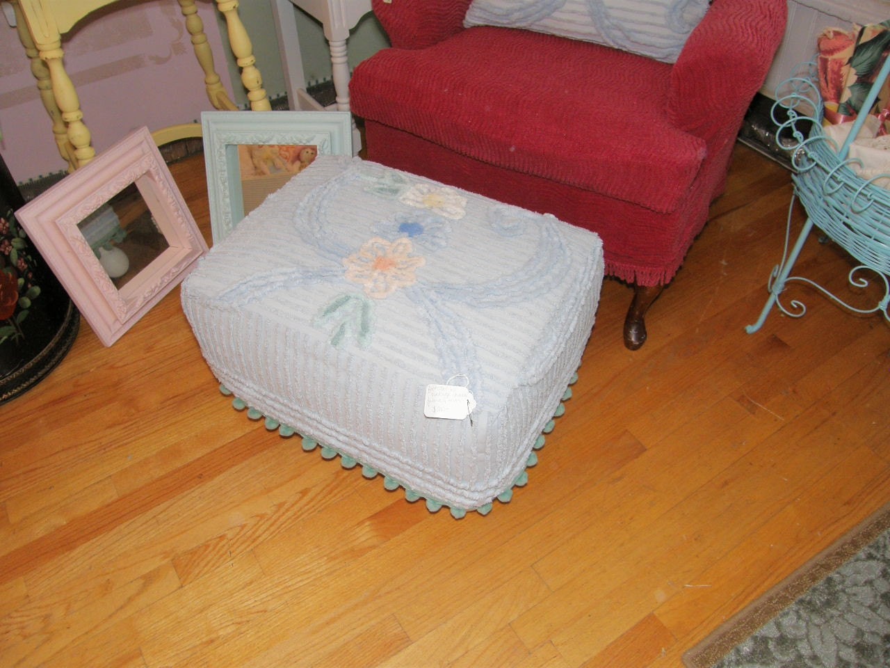 shabby chic footstool ottoman vintage chenille bedspread slipcover custom made to order