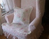 pink shabby chic slipcovered wingback chair ruffle cottage prairie vintage chenille bedspread