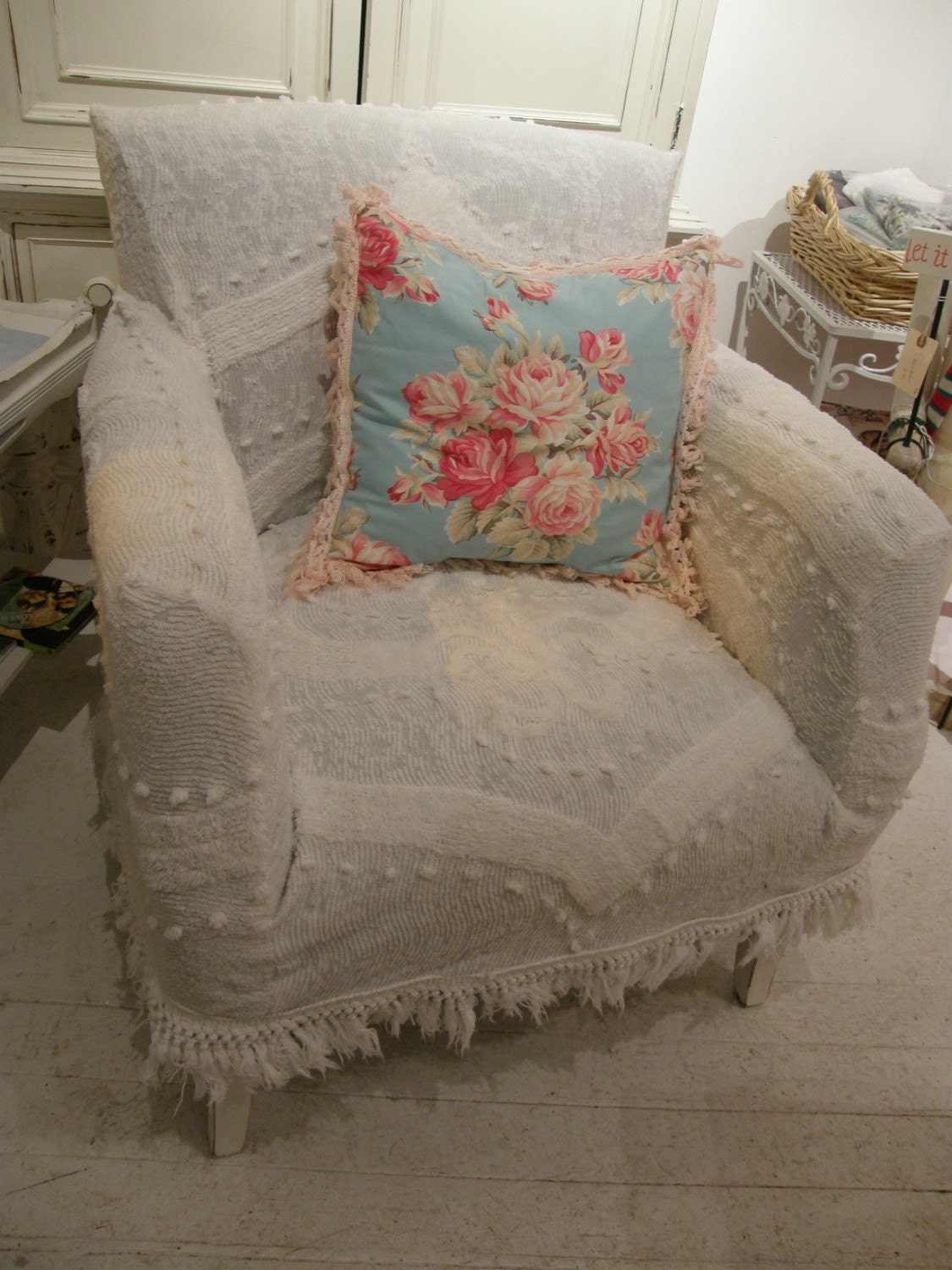 custom shabby chic chair s vintage chenille bedspread slipcover wingback club
