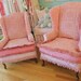 custom made pair wingback chairs vintage chenille bedspread slipcovers shabby chic prairie cottage pink white