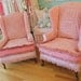 custom made pair wingback chairs vintage chenille bedspread slipcovers shabby chic prairie cottage pink white