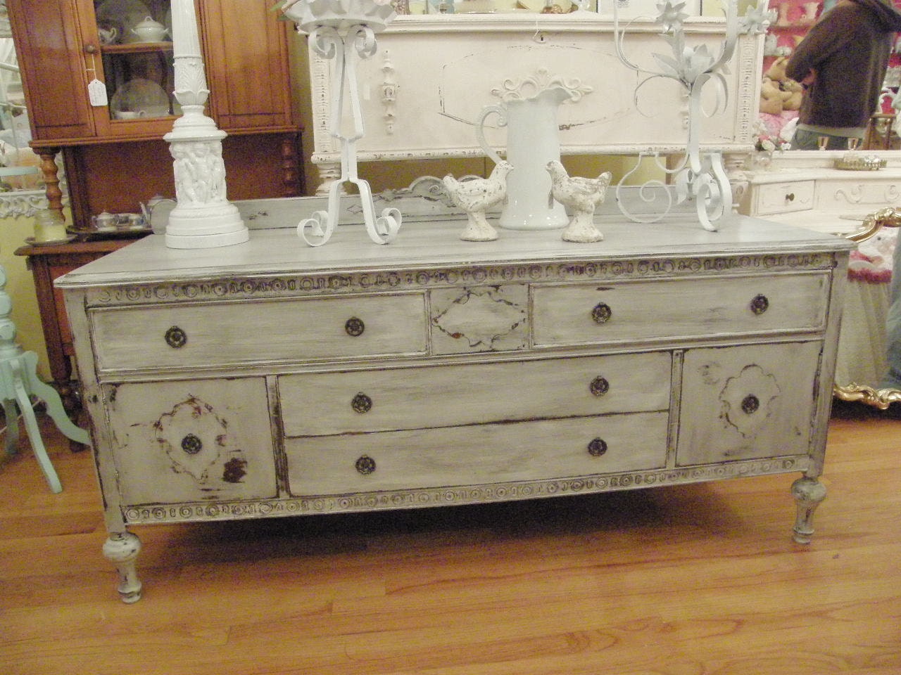 FAB Antique Shabby Chic Buffet Console french gray white distressed flat screen tv cottage coastal prairie grey