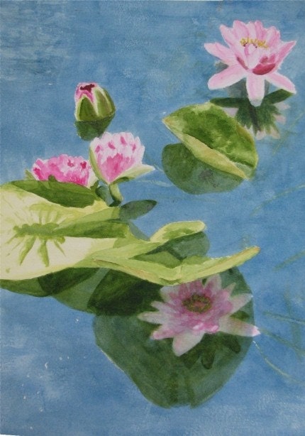 Pink Water Lilies by Nan Henke Watercolor Painting 15x18 Original