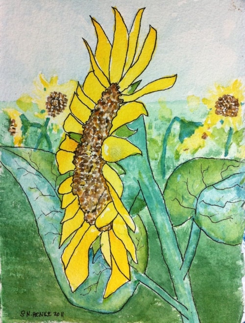 Sunflower Profile Original Watercolor and Ink 5x7 by Nan Henke, Texas Hill Country Art