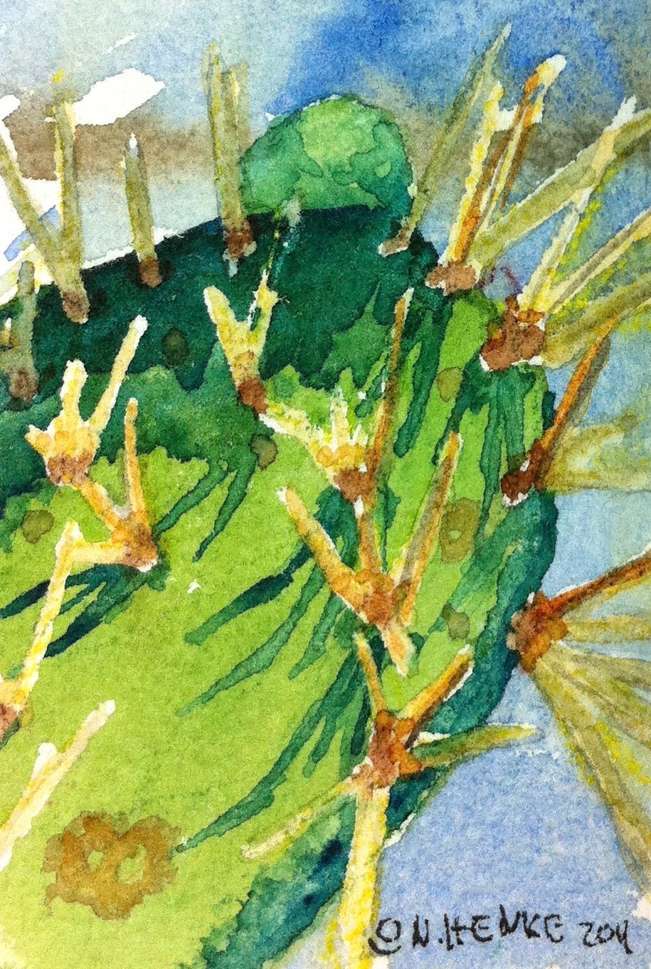 ACEO Cactus Pad by Nan Henke Original Watercolor  Painting of the Texas Hill Country