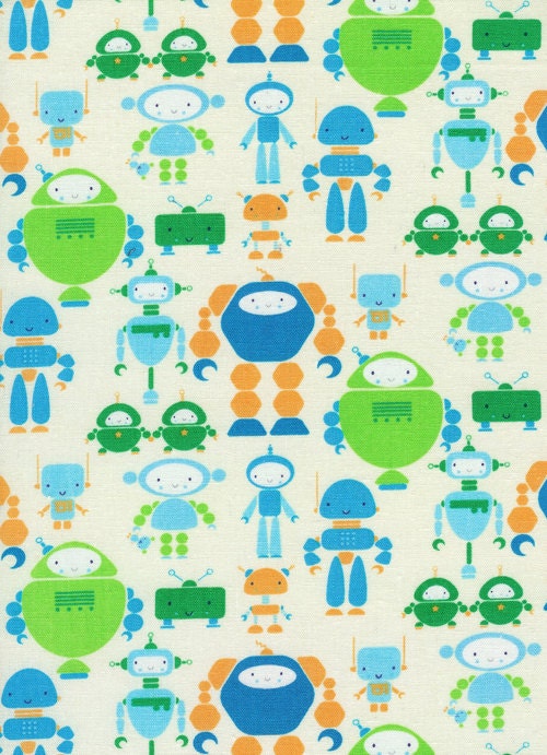 Cute Bots Linen Blend in Blue, I HEART by Rashida Coleman Hale for Timeless Treasures