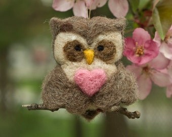 Needle Felted Owl Ornament - Valentine Heart