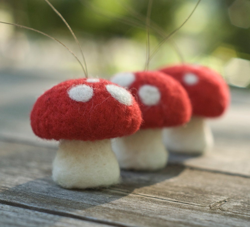 Needle Felted Ornament - Pack of Three Toadstools