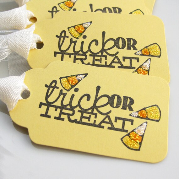 Trick or Treat Tags Glitter Candy Corn - Set of 6 - Halloween Party Tags Candy Corn Tags Halloween Favors Il_570xn