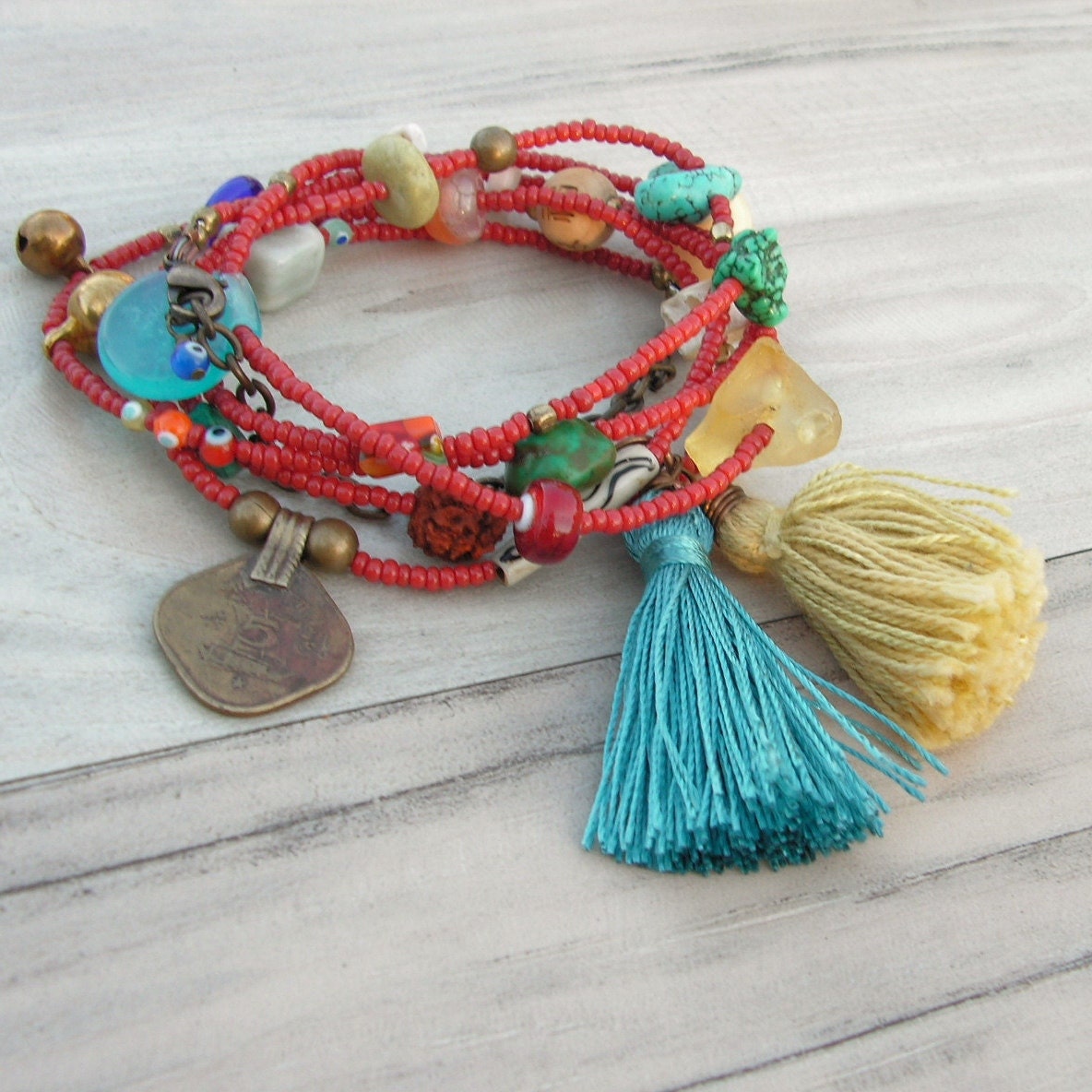 Gypsy Summer in Red - Long Beaded Necklace with Tassel and Various Gemstones