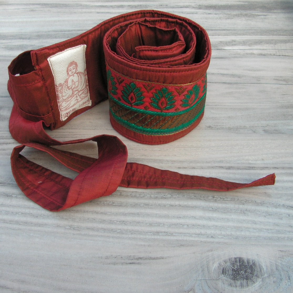 Silk Road Belt - Rusty Red Silk with Teal and Gold Jacquard Ribbon - Sash Style