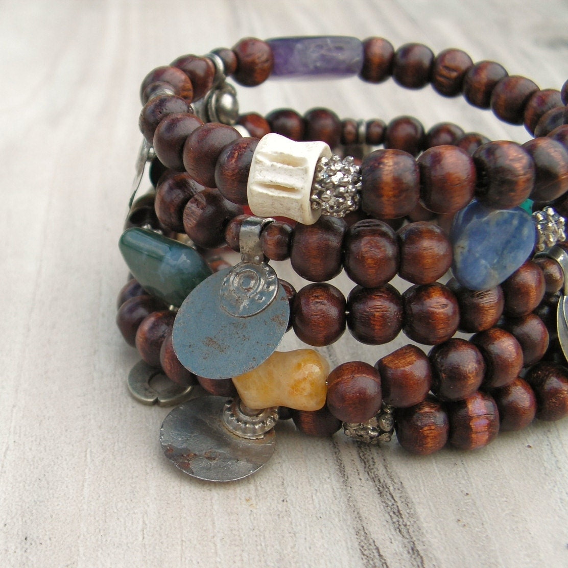 Memory Wire Beaded Cuff with Gypsy Metalwork and Gemstones