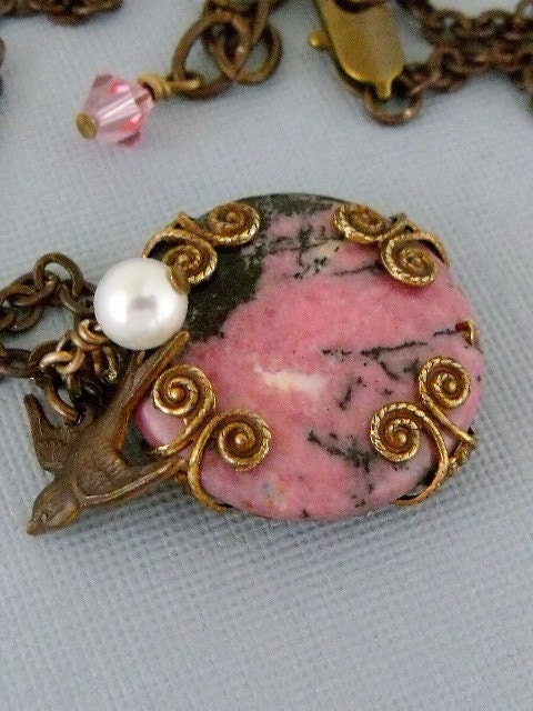 Pink Rhodonite Stone Necklace, Semi Precious Stone Pendant Necklace