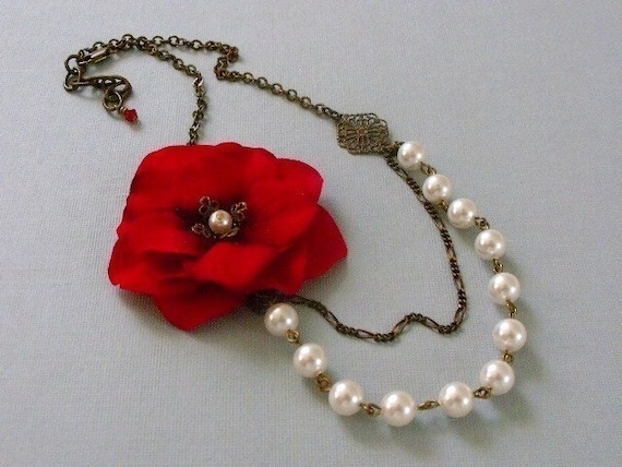 Vintage Style Red Velvet  Floral Necklace With Swarovski White Pearls and Vintaj Brass