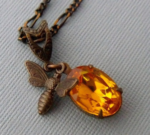 Bumblebee Charm Necklace With Amber Jewel In Antique Brass Setting