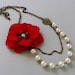 Vintage Style Red Velvet  Floral Necklace With Swarovski White Pearls and Vintaj Brass