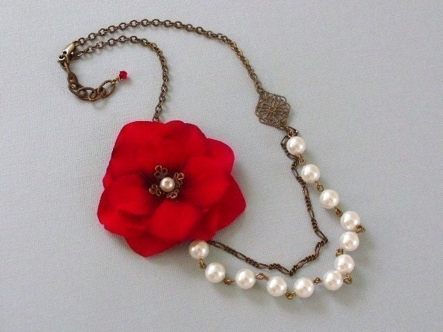 Vintage Style Red Velvet  Floral Necklace With Swarovski White Pearls and Vintaj Brass