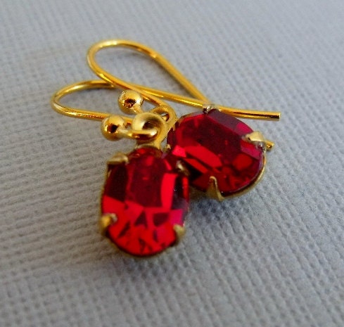 Red Earrings, Red Rhinestone Earrings, Red Gold Earrings, Red Crystal Earrings