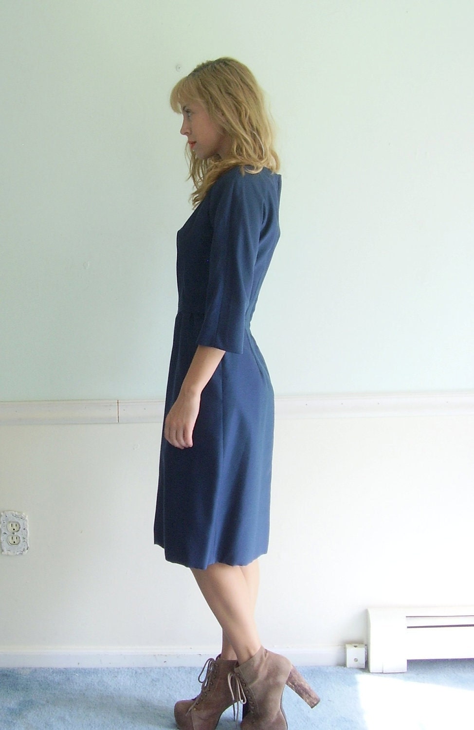 5th Avenue Vintage 50s Half Sleeve Fitted Navy Blue Knee Length Dress SMALL S