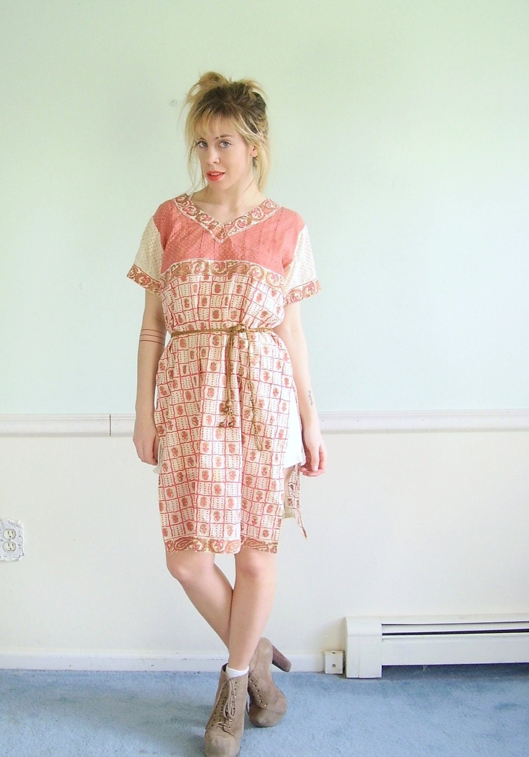 Ethnic Shimmer Vintage 70s SS V Neck Printed Geometric Tunic Mini Dress S M