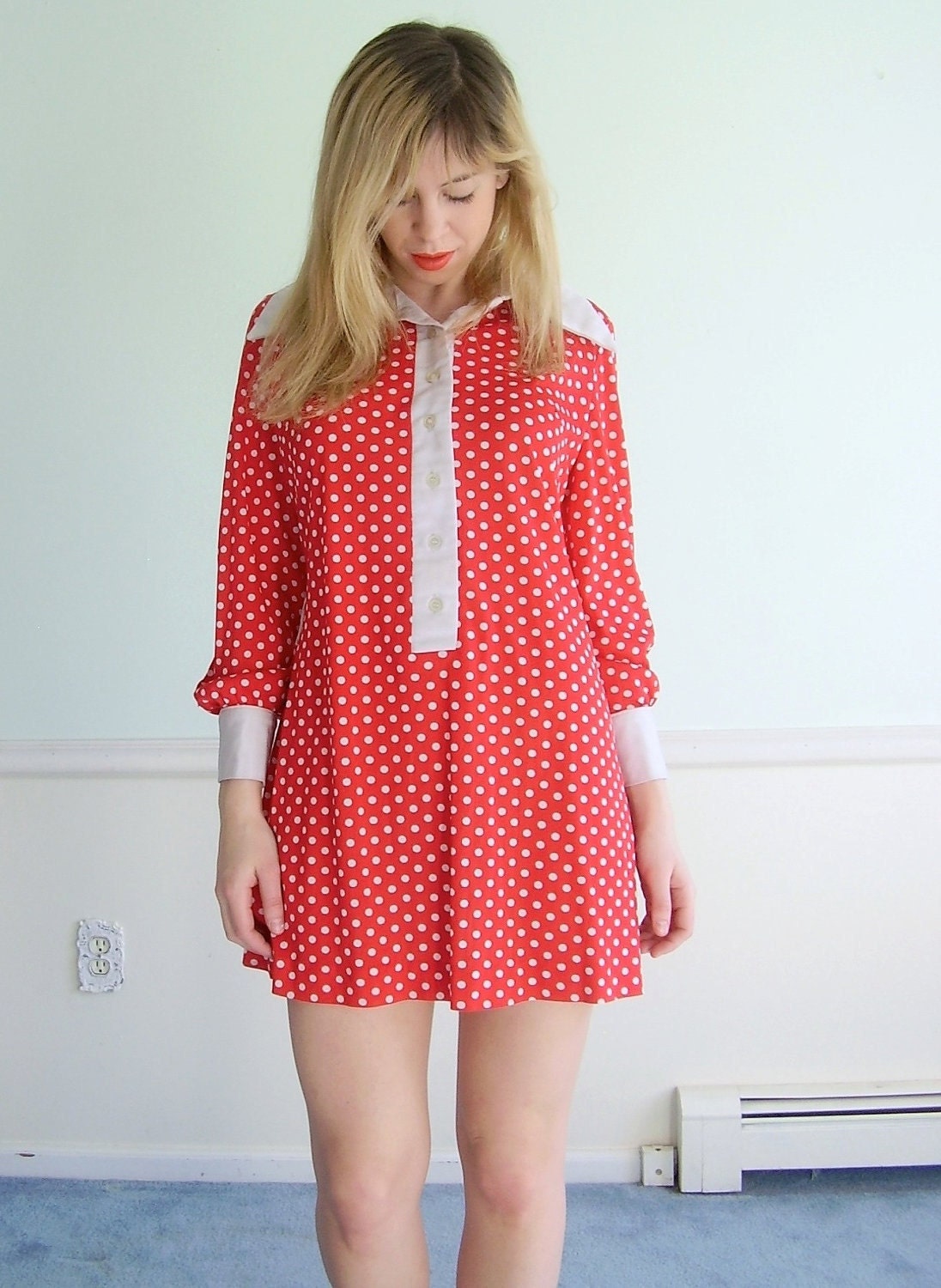 Minnie Dot Vintage 60s LS Red and White Polka Dot Print Mod Mini Shift Shirt Dress XS S