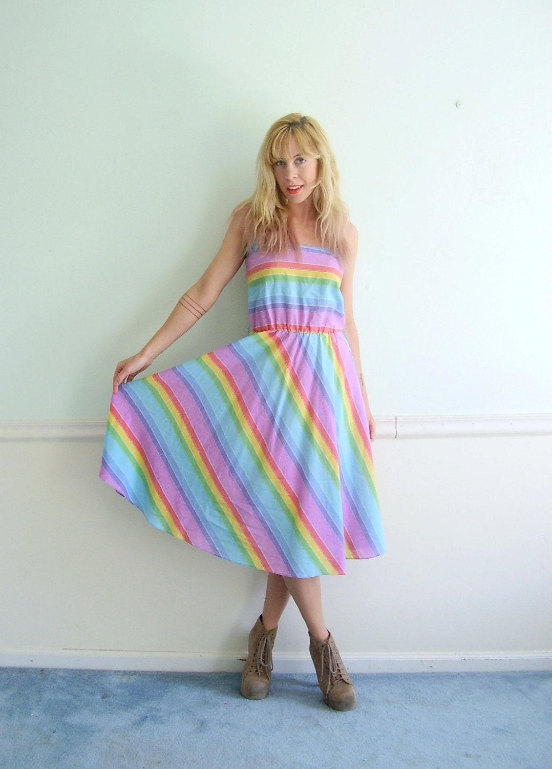Rainbow Striped Vintage 70s Summer Dress SMALL S Sleeveless Day