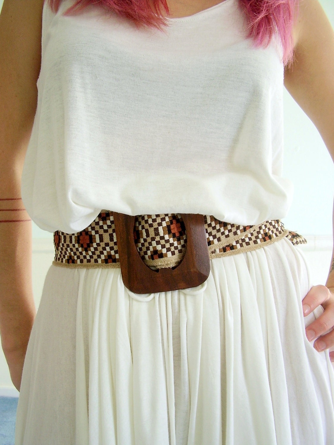 Woven Geometric Boho Belt Vintage 70s Wooden Buckled OSFA