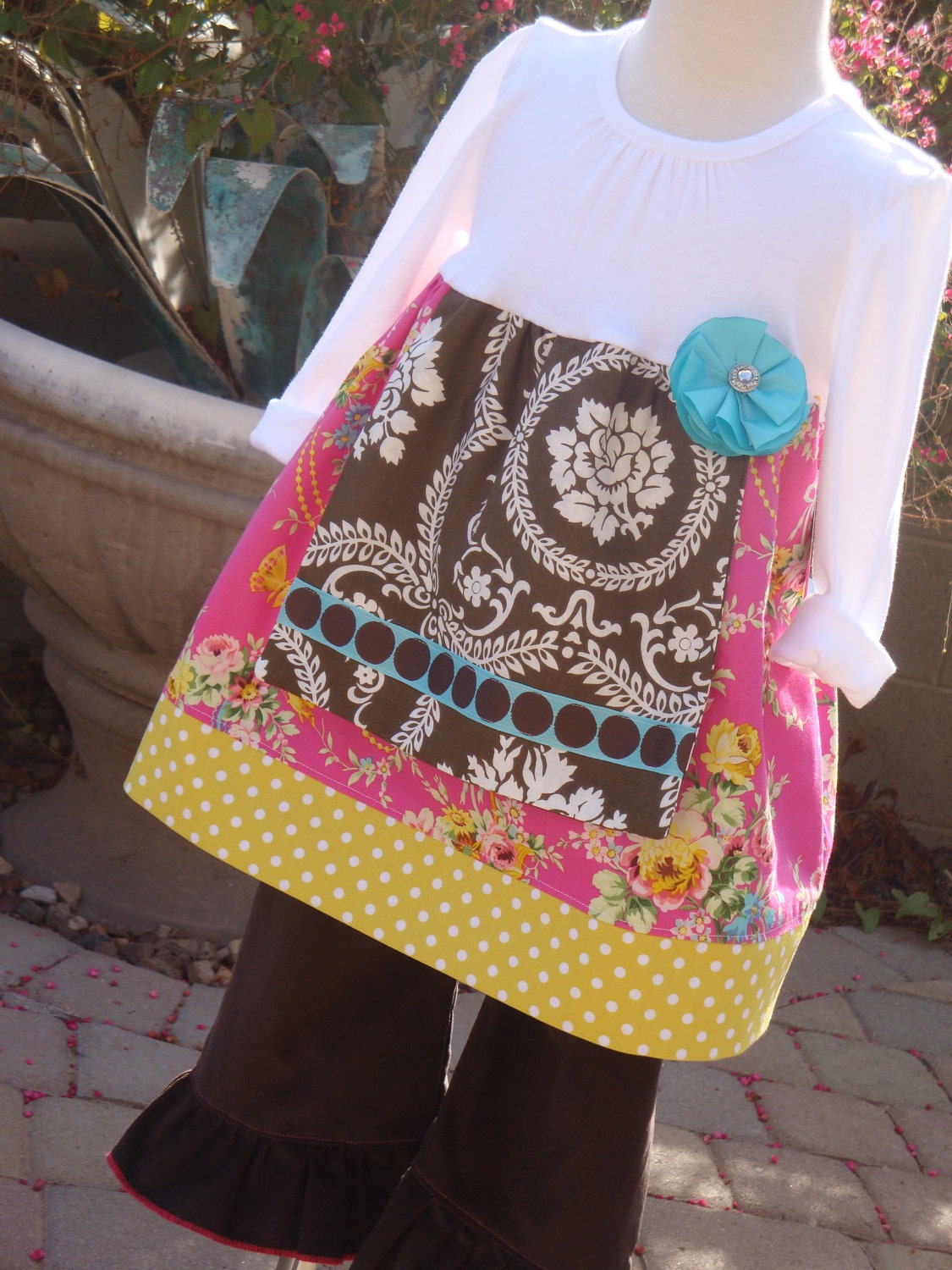 SALE, READY to SHIP, size 2t, Apron Long Sleeve Tshirt Dress wtih Flower Accent