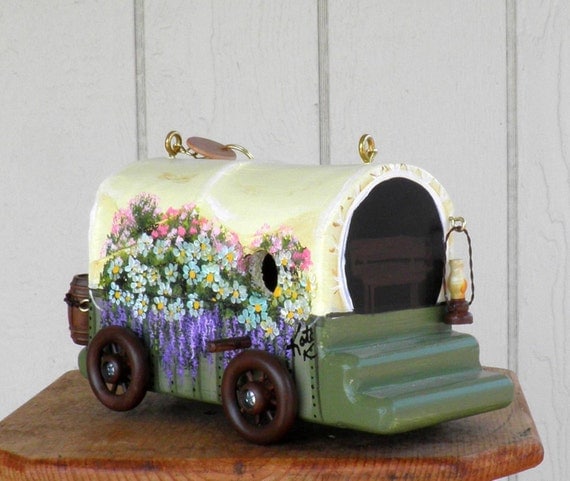 Bird House, Covered Wagon, Handcrafted, Hand Carved, Hand Painted with lots of Flowers, Made in Oregon, USA