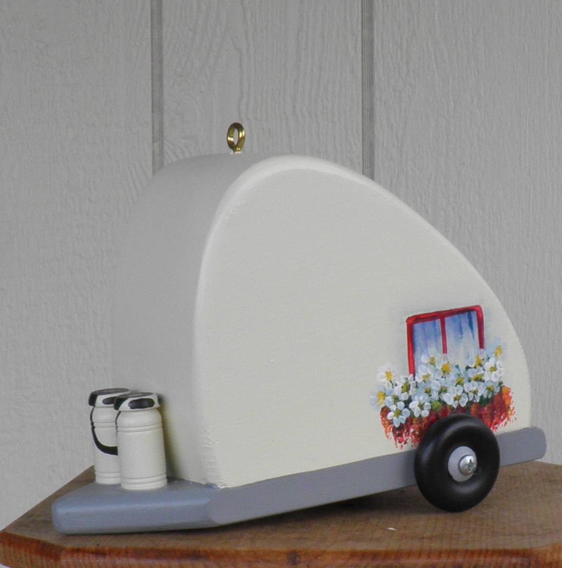 Teardrop Trailer Bird House, Cream and Red, Retro