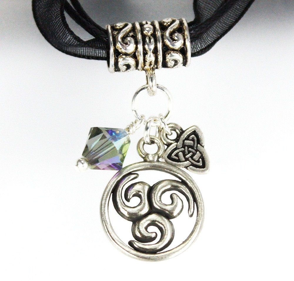 Triskele, Trinity Knot, Black Diamond Swarovski Crystal  Pendant on Black Organza Neckalce