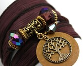 Hand Dyed Silk Wrap Bracelet - Bittersweet, Patina Sand Disc , Antique Brass Tree of Life, and Heliotrope Swarovski Crystals