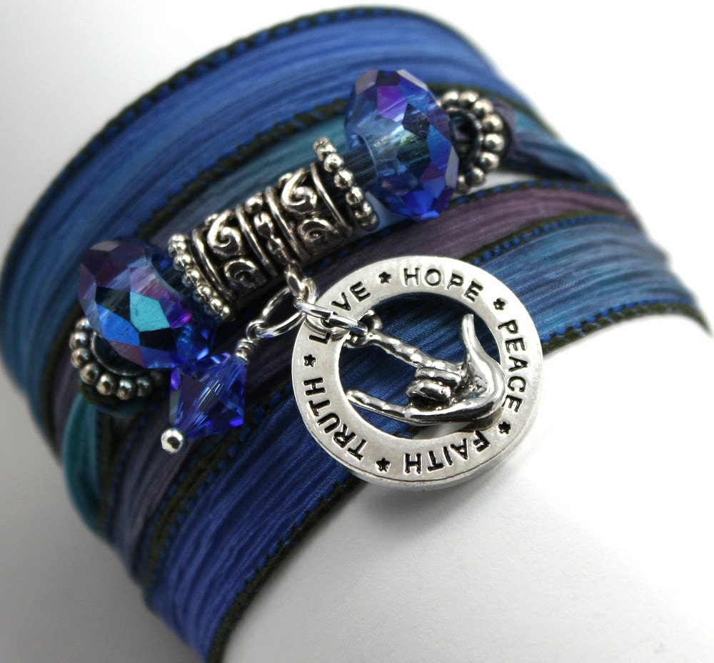 Hand Dyed Silk Wrap Bracelet - Persian with ASL "I Love You" Encircled in Hope Ring with Sapphire Swarovski Crystals