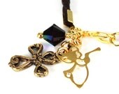 Black Leather Cord Bracelet with Gold Victorian Cross, Angel, and Jet Black Swarovski Crystal