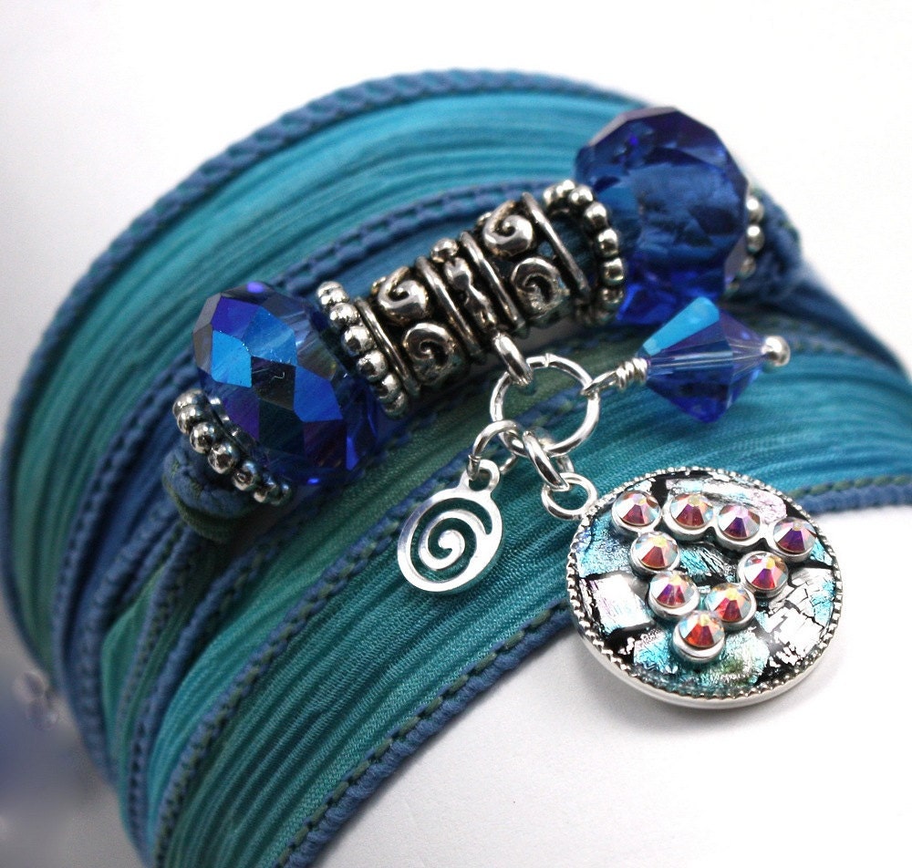 Hand Dyed Silk Wrap Bracelet - Blue Reef with 12 Step Recovery Unity Charm with Sapphire Swarovski Crystals - anjalicreations