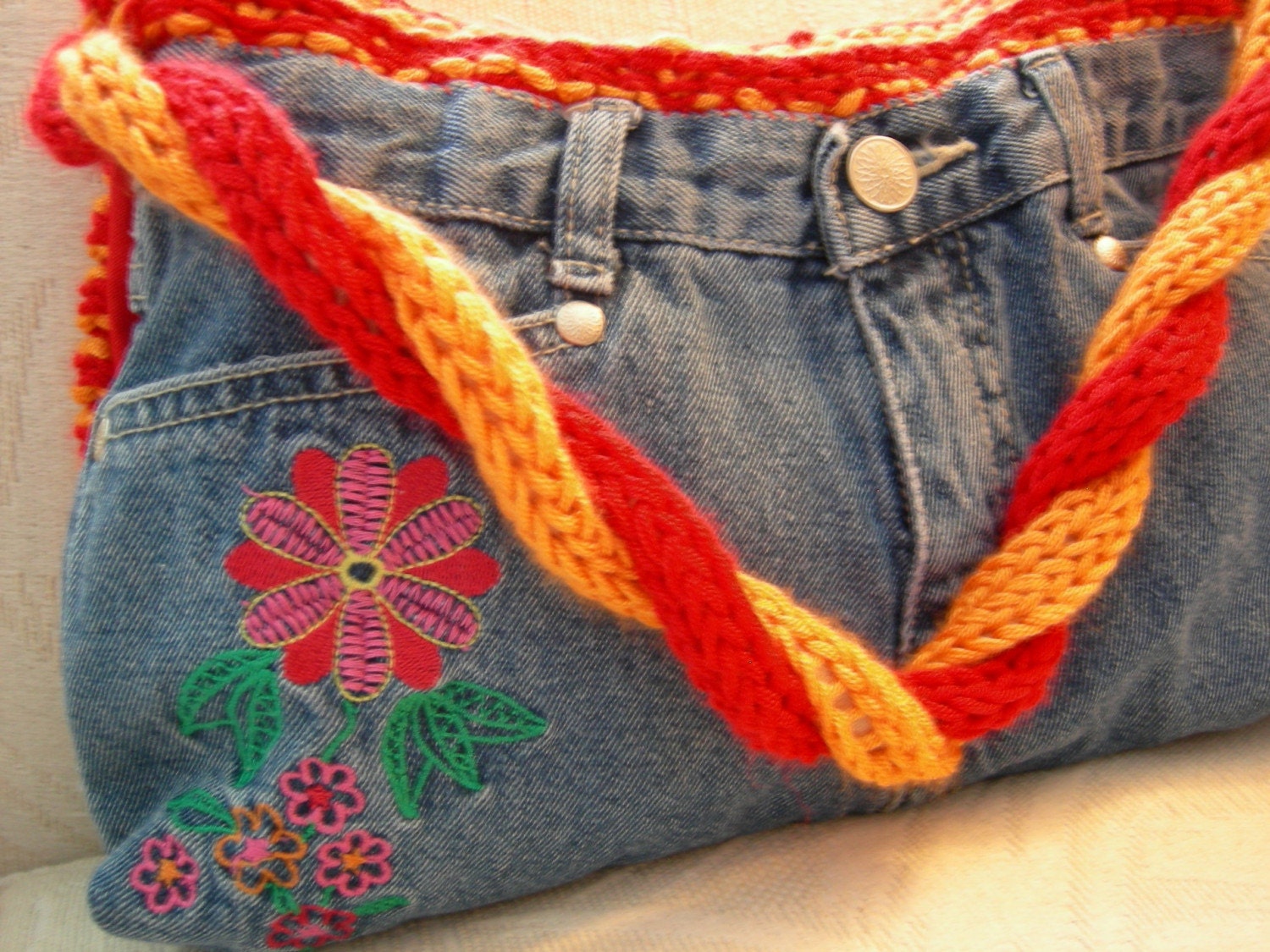 Embroidered Jean Purse with Sunset Stripe Knit Flap