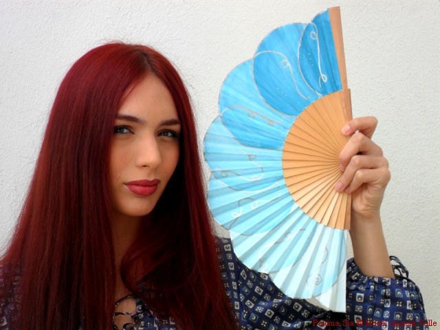Turquoise bublles. Hand-painted fan. A