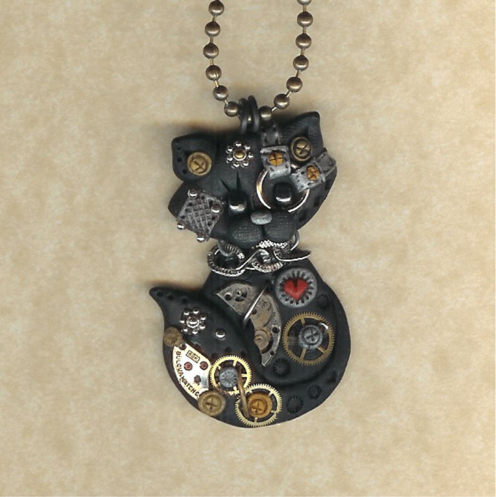 Steampunk Black Kitty Cat Polymer Clay Jewelry by Freeheart1