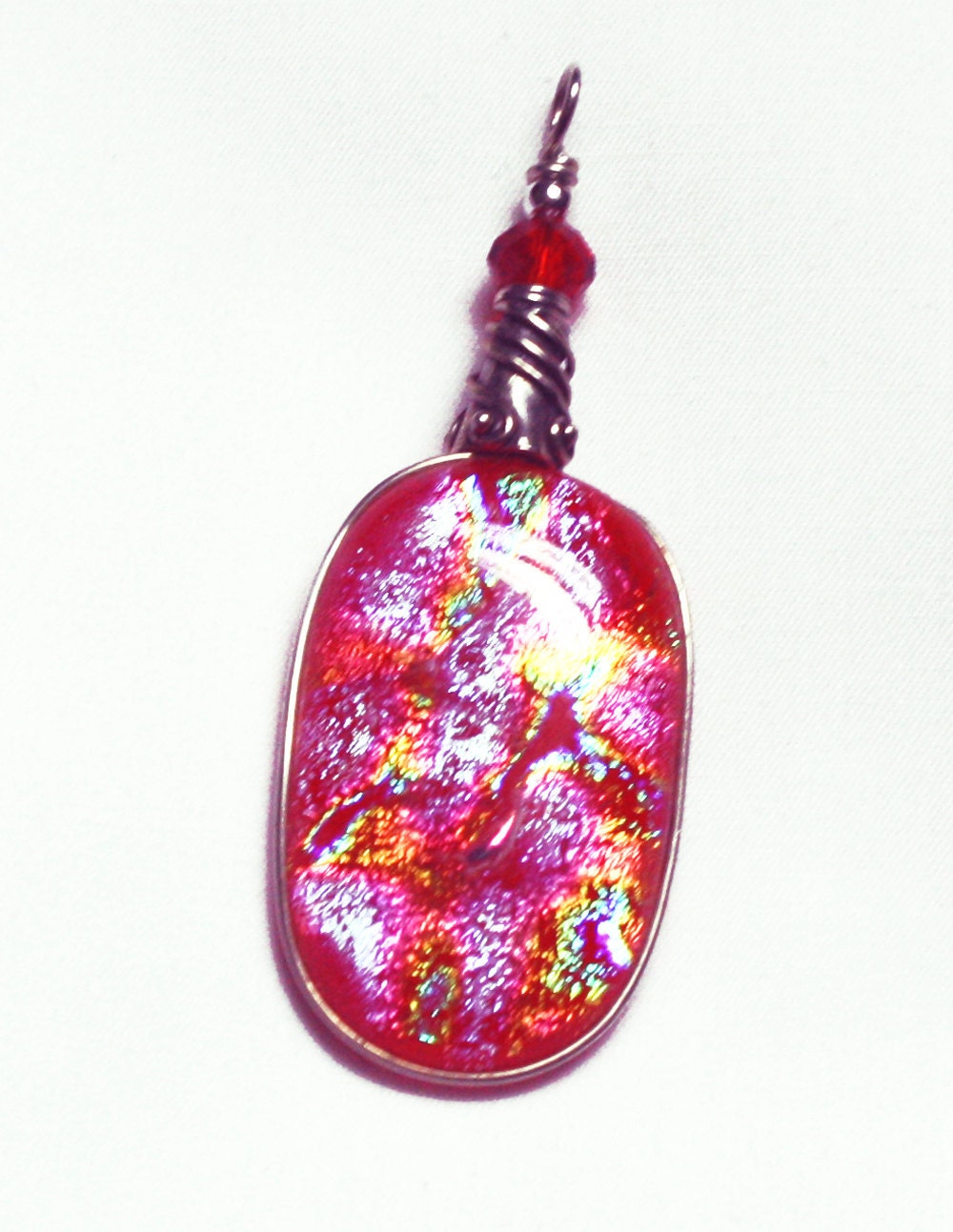 Dichroic Glass and Sterling Silver Pendant - Wire Wrapped - Red - Gold - Pink - Jewelry Pendant