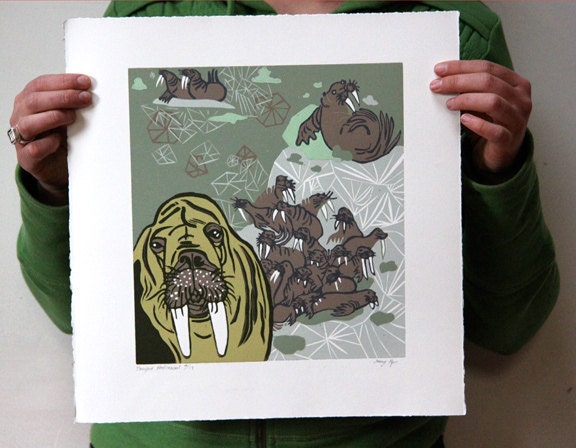 Original Woodcut about Walrus and Sea Ice