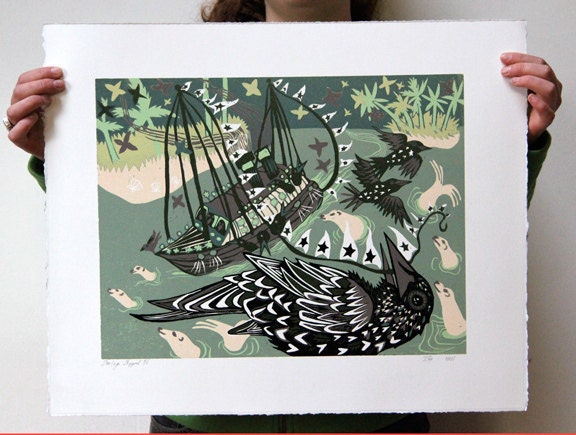 Original Woodcut about Starlings, Ships, Sea Lions and Islands