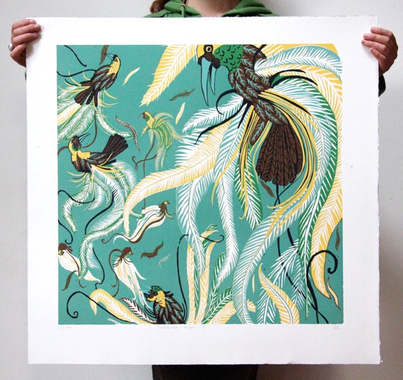 Large hand pulled woodcut about the Greater Bird of Paradise