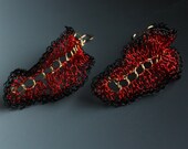 Leaf  Earrings Crocheted Wire Jewelry In Red and Black with Free Jewelry Box Dangles Unique Gift