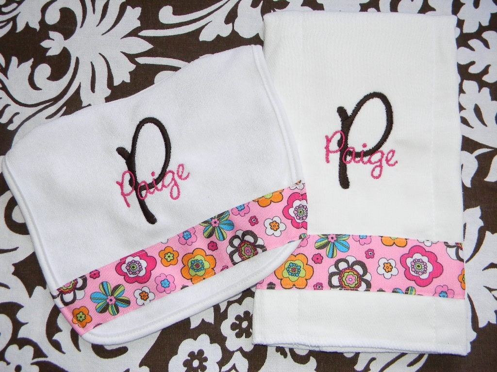 Custom personalized baby girl gift set. Choose your ribbon and thread color.