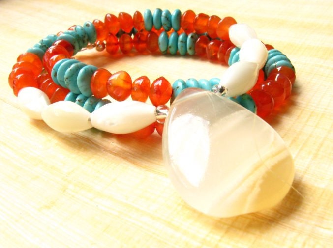 Carnelian, Turquoise, Mother of Pearl and Afghanistan Jade Necklace - Sahara