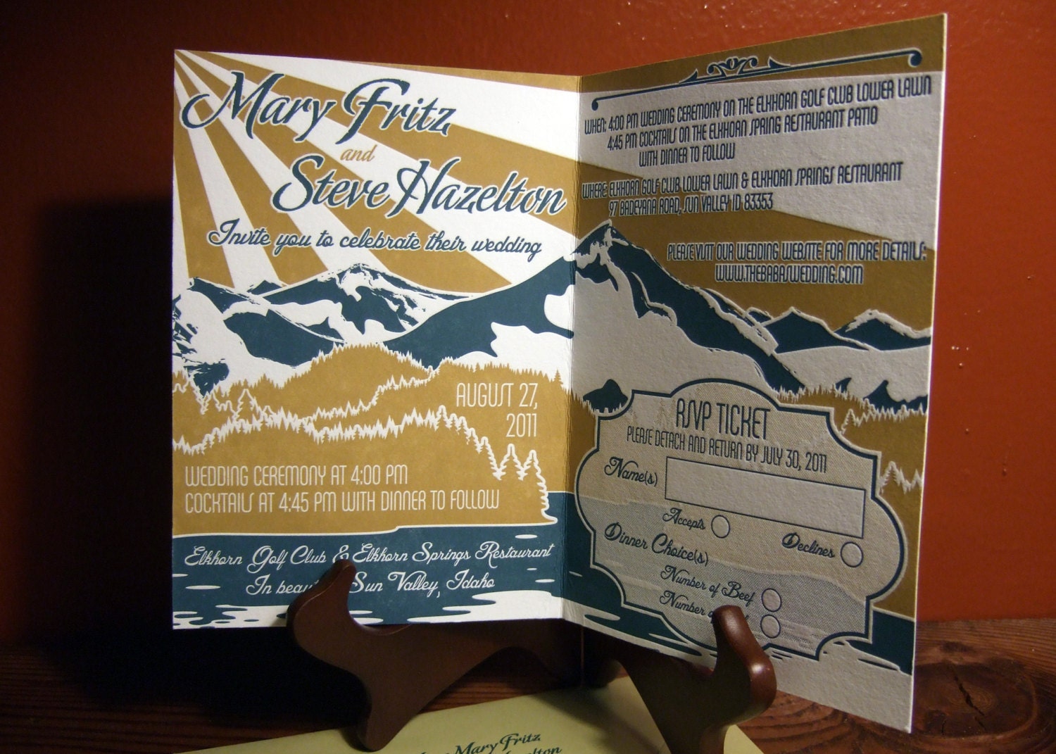 Retro Presentation Style Mountain Theme Letterpress Wedding Invitation