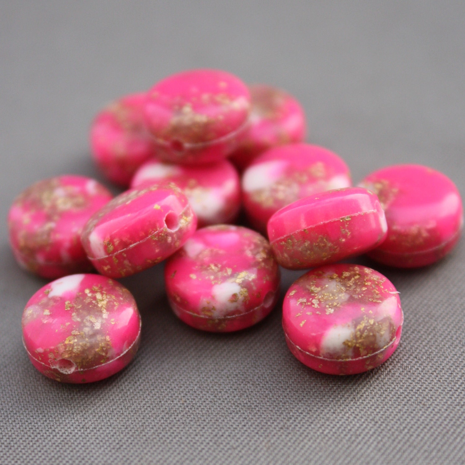 12 Hot Pink White Gold Flat Round Coin Beads 10mm