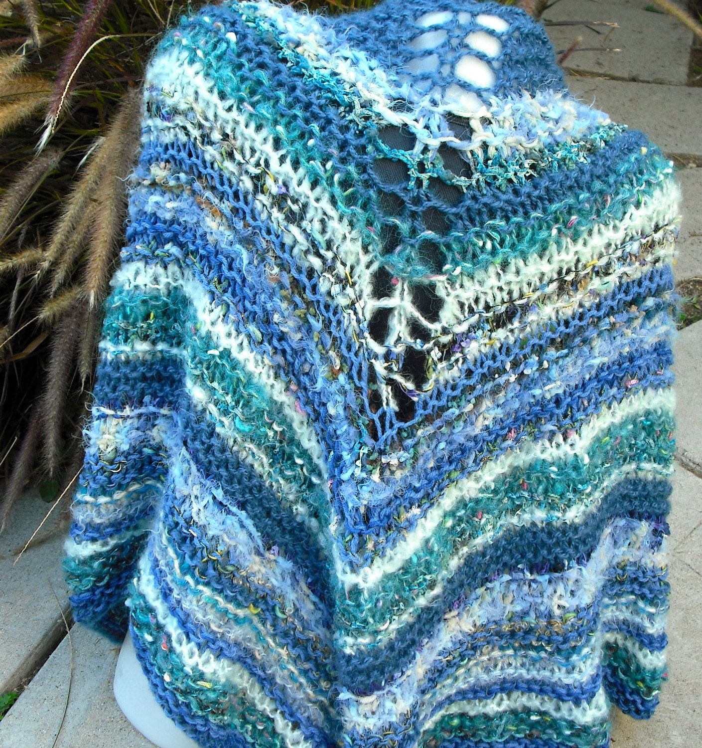 Rhapsody in Blue Oversized Hand Knit Shawl Wrap