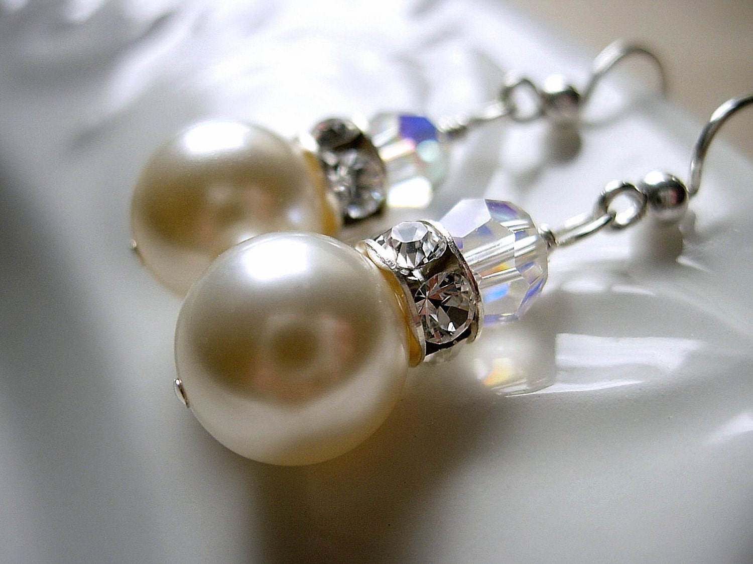 Swarovski Cream Pearl and Rhinestone Crystal Earrings, Wedding, Bridal, Bridesmaid, Beaded Details